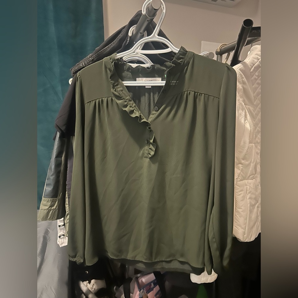 Loft Olive Green Women's Ruffle Blouse